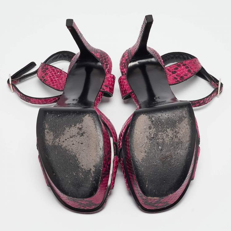 Pre Owned Saint Laurent Pink/Black Embossed Snakeskin Tribute Sandals Size 38