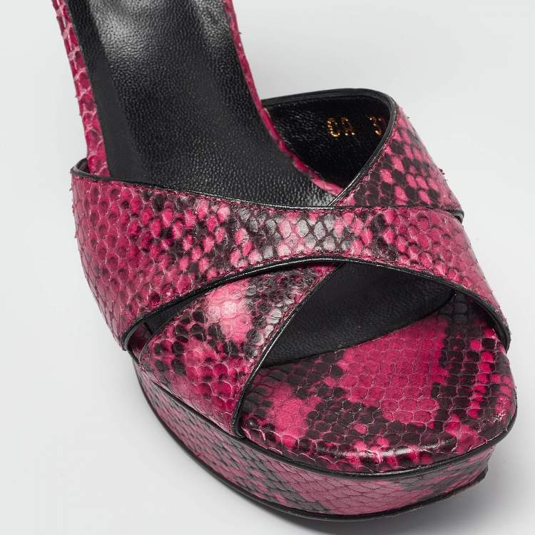 Pre Owned Saint Laurent Pink/Black Embossed Snakeskin Tribute Sandals Size 38