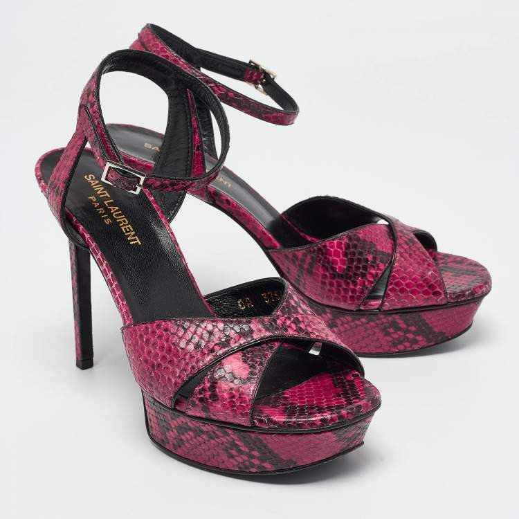 Pre Owned Saint Laurent Pink/Black Embossed Snakeskin Tribute Sandals Size 38