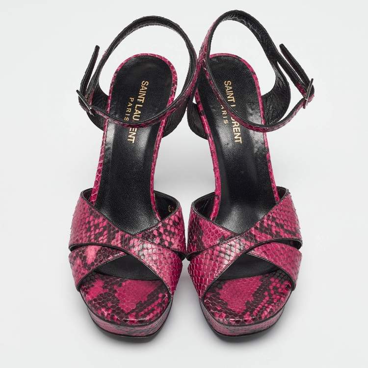 Pre Owned Saint Laurent Pink/Black Embossed Snakeskin Tribute Sandals Size 38