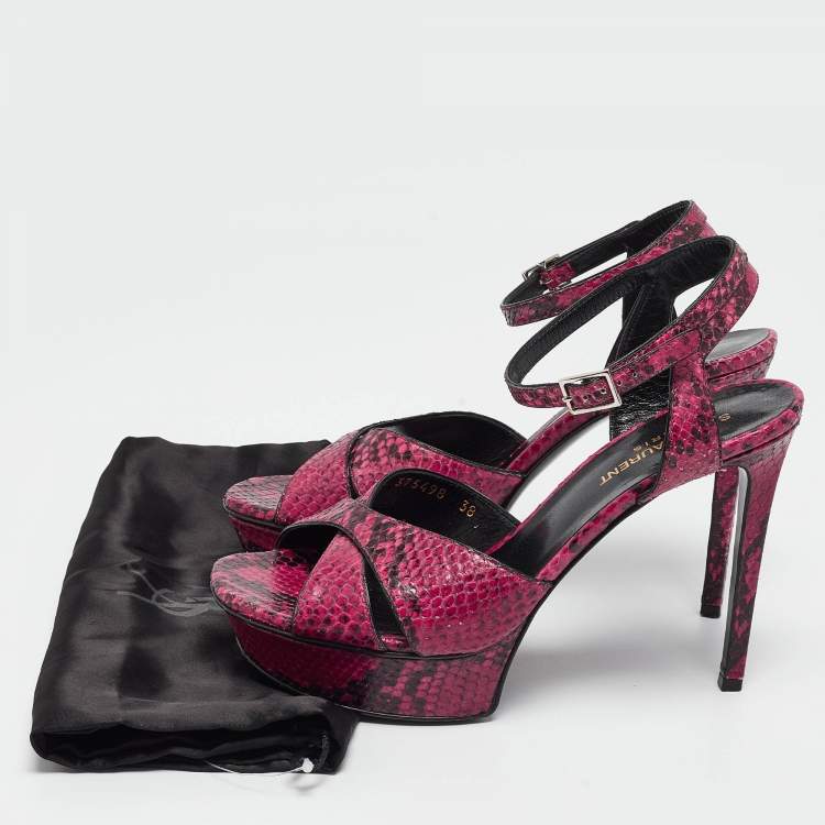 Pre Owned Saint Laurent Pink/Black Embossed Snakeskin Tribute Sandals Size 38