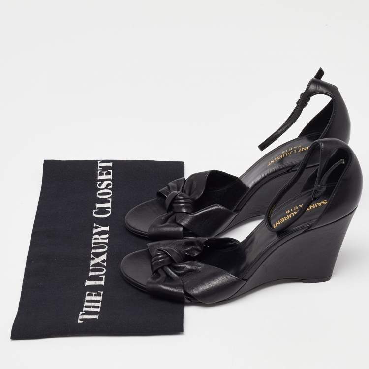 Pre Owned Saint Laurent Black Leather Ankle Strap Wedge Sandals Size 38