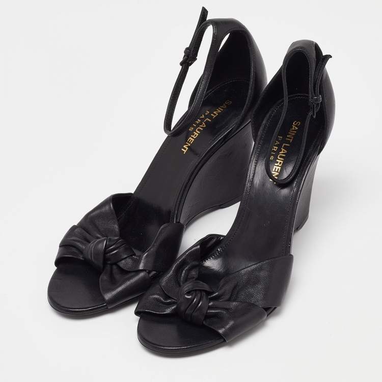 Pre Owned Saint Laurent Black Leather Ankle Strap Wedge Sandals Size 38
