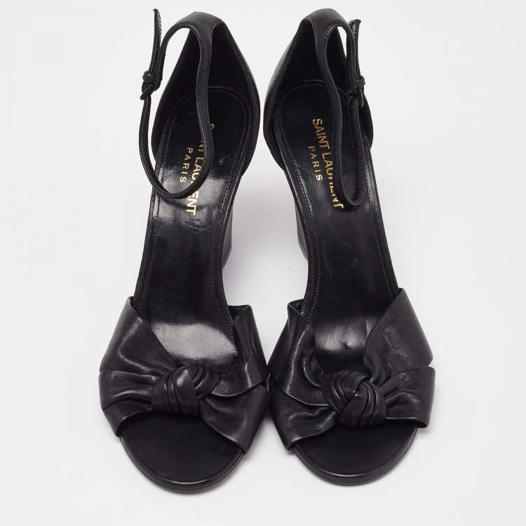 Pre Owned Saint Laurent Black Leather Ankle Strap Wedge Sandals Size 38