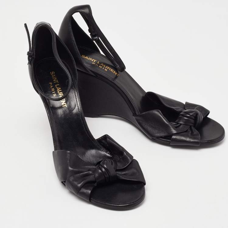 Pre Owned Saint Laurent Black Leather Ankle Strap Wedge Sandals Size 38