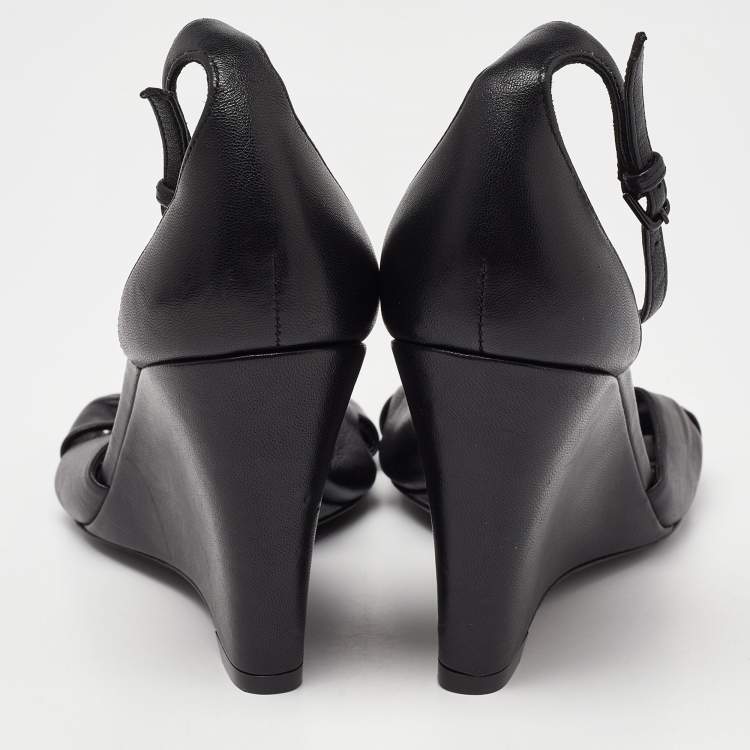 Pre Owned Saint Laurent Black Leather Ankle Strap Wedge Sandals Size 38