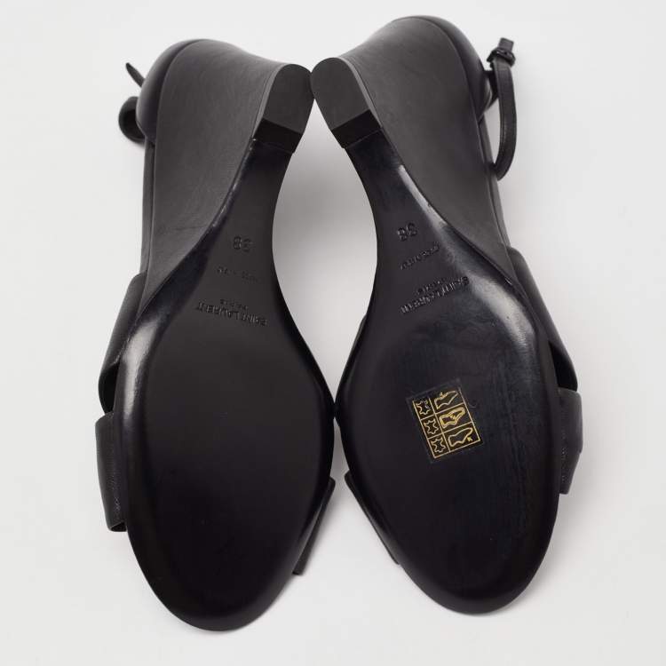 Pre Owned Saint Laurent Black Leather Ankle Strap Wedge Sandals Size 38
