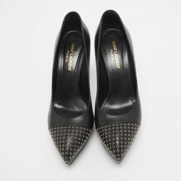 Pre Owned Saint Laurent Black Leather Crystal Embellished Pumps Size 38.5