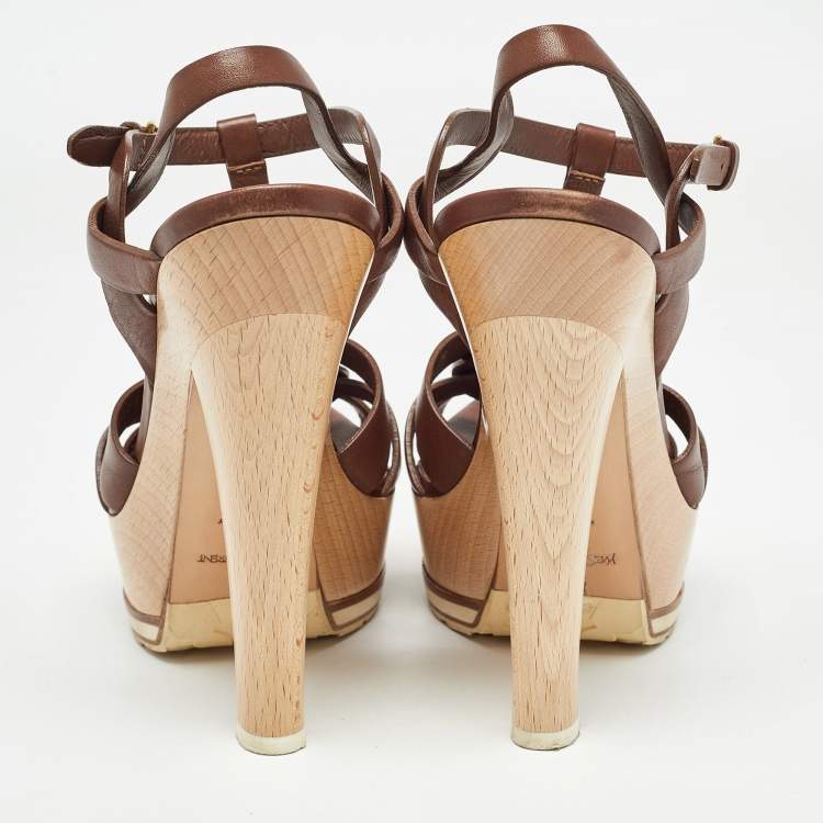 Pre Owned Saint Laurent Paris Brown Leather Tribute  Sandals Size 36.5