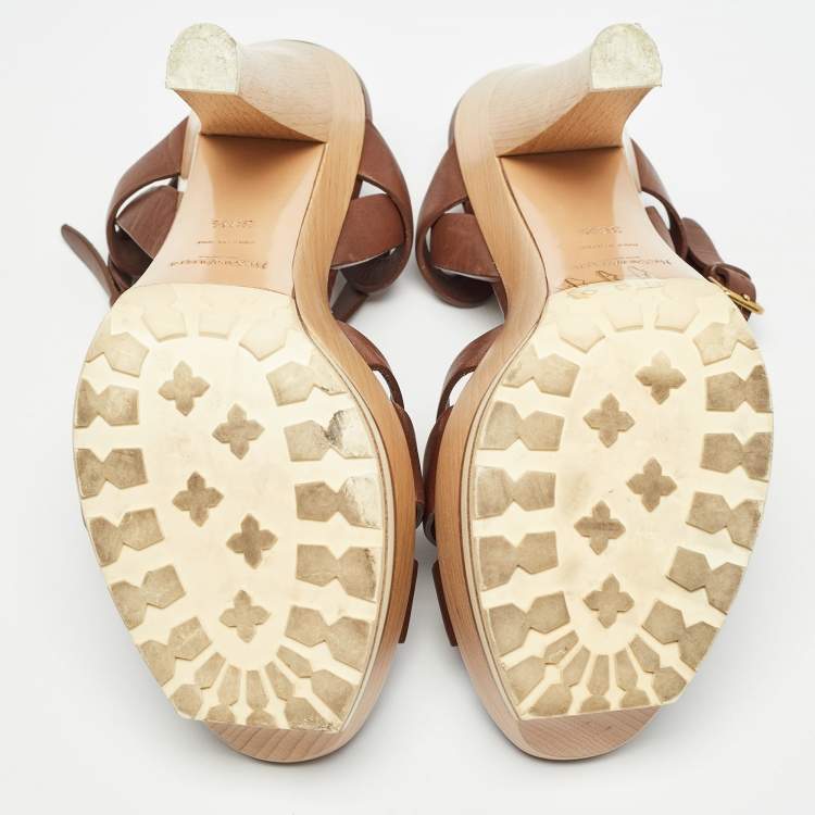 Pre Owned Saint Laurent Paris Brown Leather Tribute  Sandals Size 36.5