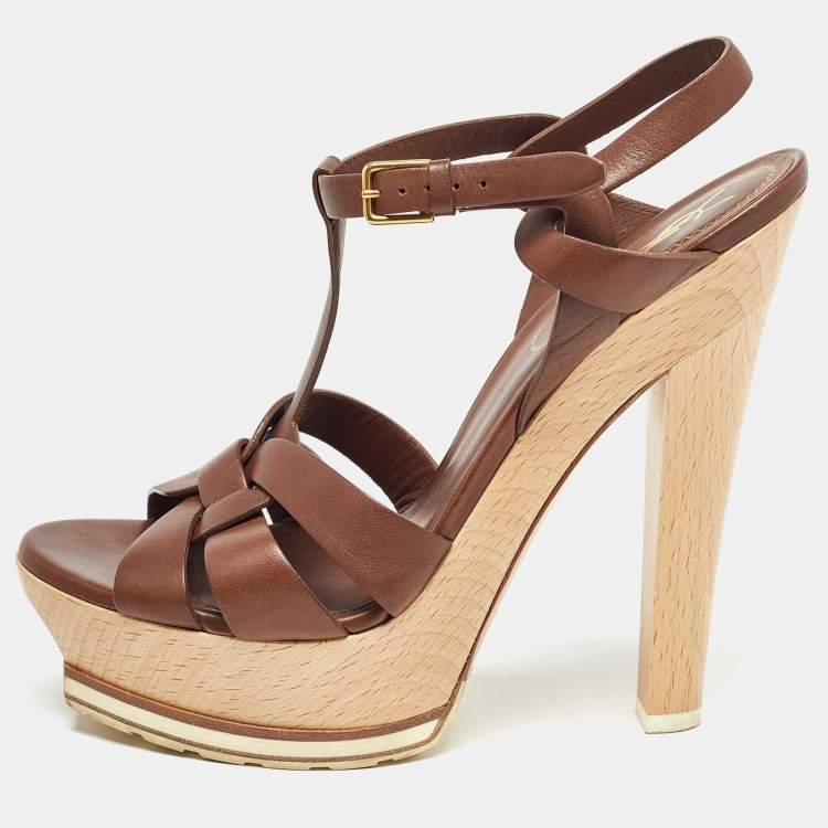 Pre Owned Saint Laurent Paris Brown Leather Tribute  Sandals Size 36.5