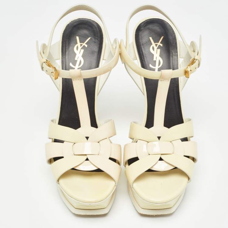 Pre Owned Saint Laurent White Patent Leather Tribute Sandals Size 37.5