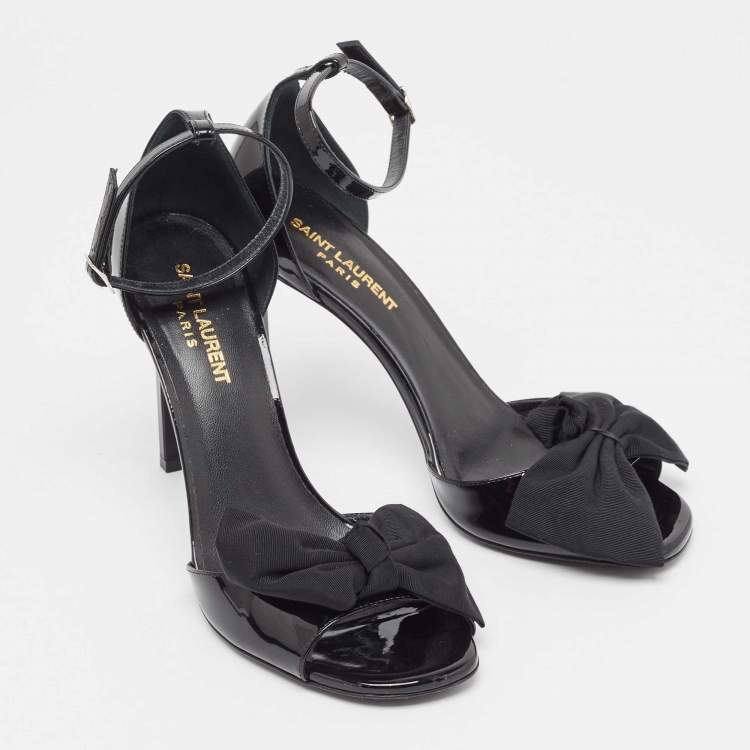 Pre Owned Saint Laurent Black Patent  Jane Bow Ankle Strap Sandals Size 38.5