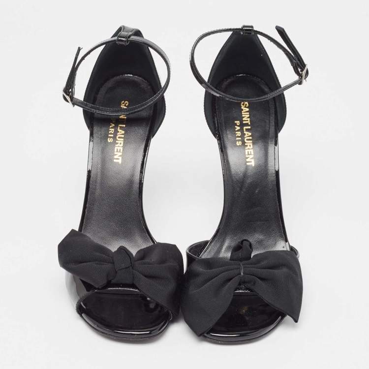 Pre Owned Saint Laurent Black Patent  Jane Bow Ankle Strap Sandals Size 38.5