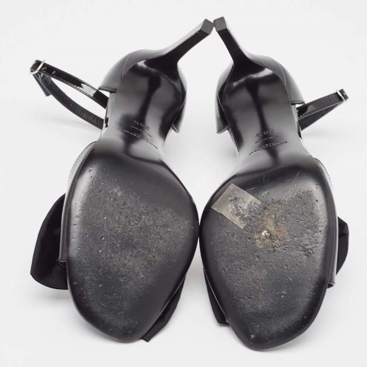 Pre Owned Saint Laurent Black Patent  Jane Bow Ankle Strap Sandals Size 38.5