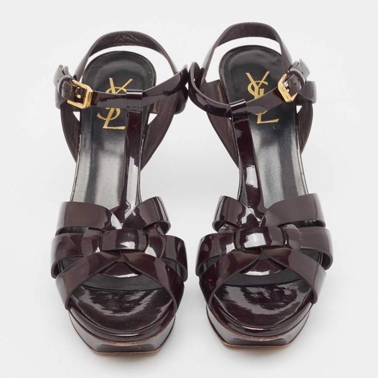 Pre Owned Saint Laurent  Burgundy Patent Tribute Sandals Size 38.5