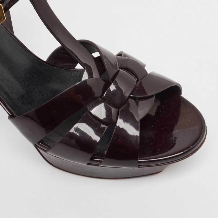 Pre Owned Saint Laurent  Burgundy Patent Tribute Sandals Size 38.5
