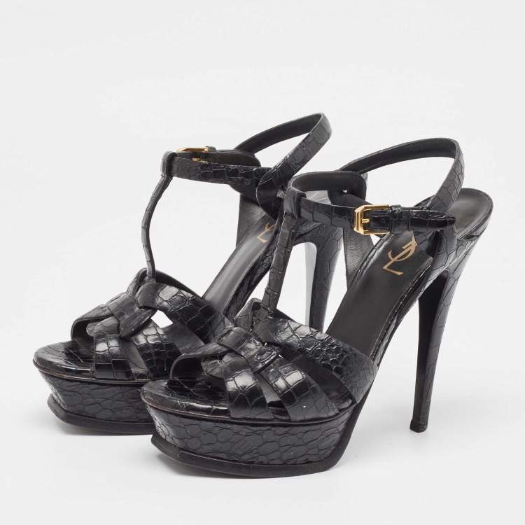 Pre Owned Saint Laurent Black Embossed Crocodile Tribute Sandals Size 36.5