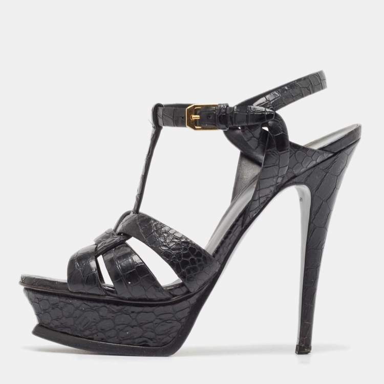 Pre Owned Saint Laurent Black Embossed Crocodile Tribute Sandals Size 36.5