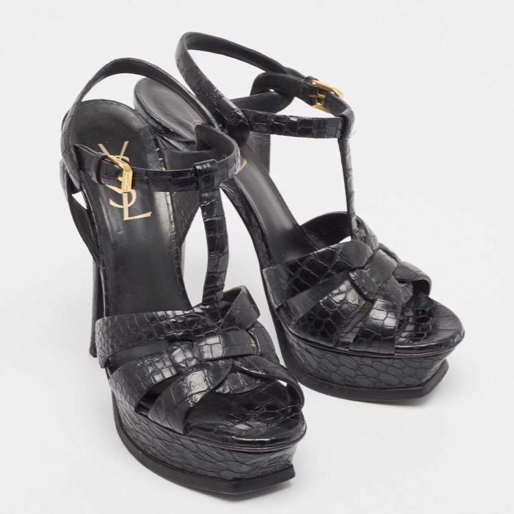 Pre Owned Saint Laurent Black Embossed Crocodile Tribute Sandals Size 36.5
