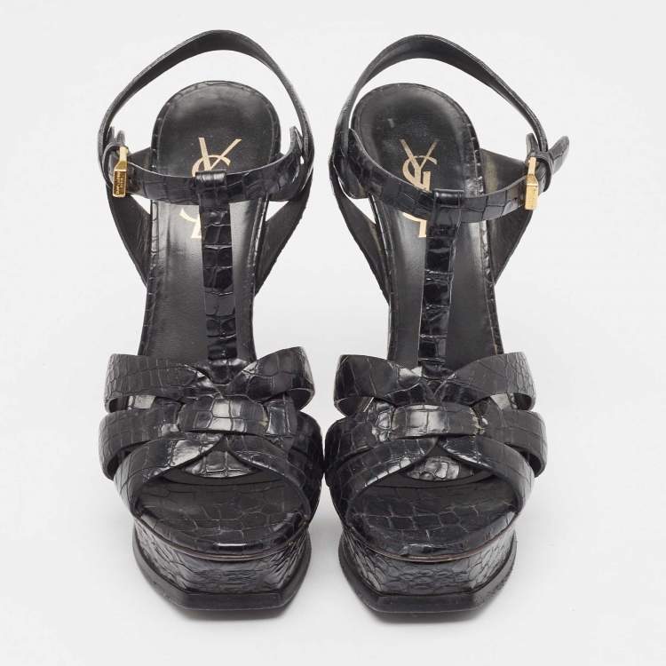 Pre Owned Saint Laurent Black Embossed Crocodile Tribute Sandals Size 36.5