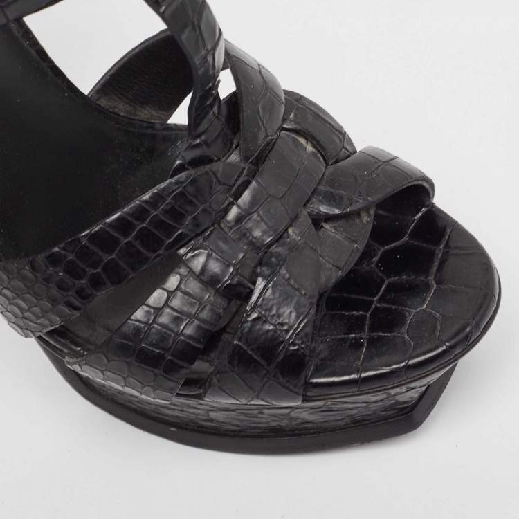 Pre Owned Saint Laurent Black Embossed Crocodile Tribute Sandals Size 36.5
