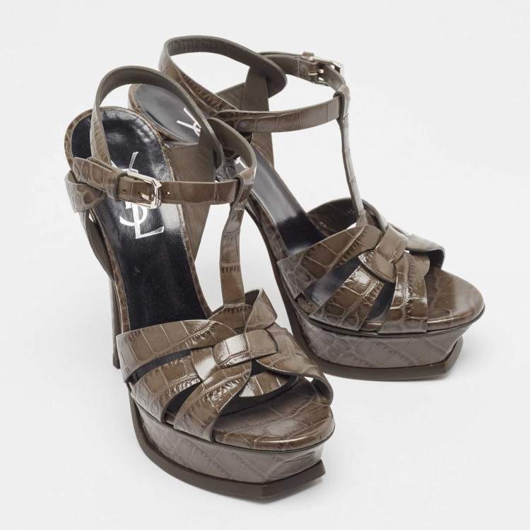 Pre Owned Saint Laurent Grey Embossed Crocodile Tribute Sandals Size 36