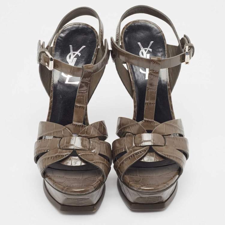 Pre Owned Saint Laurent Grey Embossed Crocodile Tribute Sandals Size 36