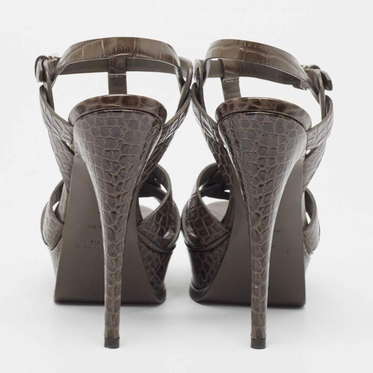 Pre Owned Saint Laurent Grey Embossed Crocodile Tribute Sandals Size 36