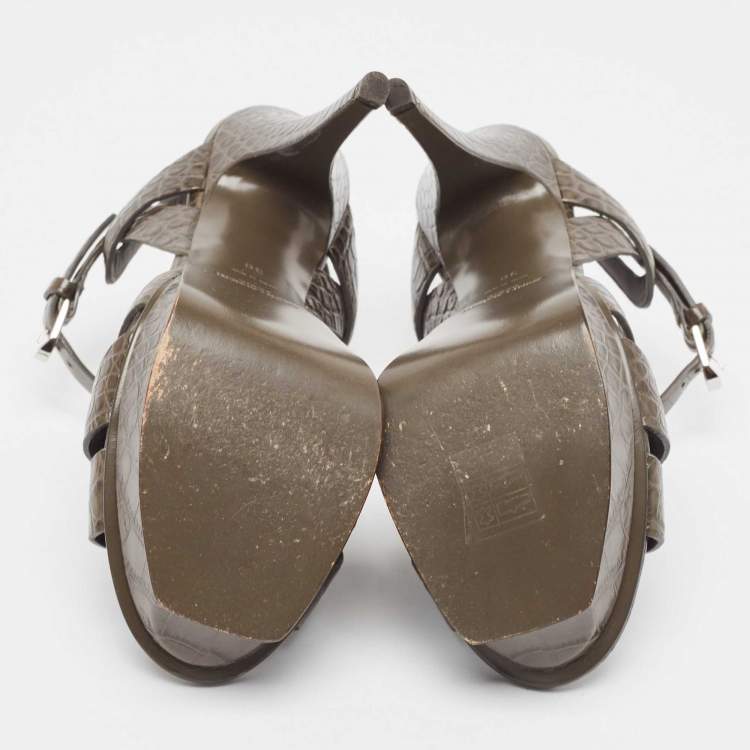 Pre Owned Saint Laurent Grey Embossed Crocodile Tribute Sandals Size 36