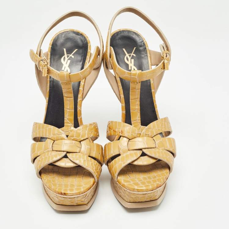 Pre Owned Saint Laurent Yellow Embossed Crocodile Tribute Sandals Size 36.5