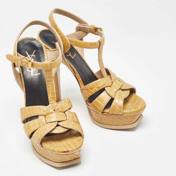 Pre Owned Saint Laurent Yellow Embossed Crocodile Tribute Sandals Size 36.5