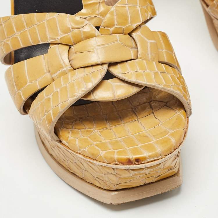 Pre Owned Saint Laurent Yellow Embossed Crocodile Tribute Sandals Size 36.5