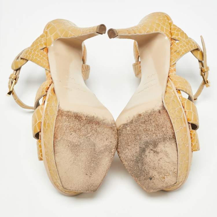 Pre Owned Saint Laurent Yellow Embossed Crocodile Tribute Sandals Size 36.5
