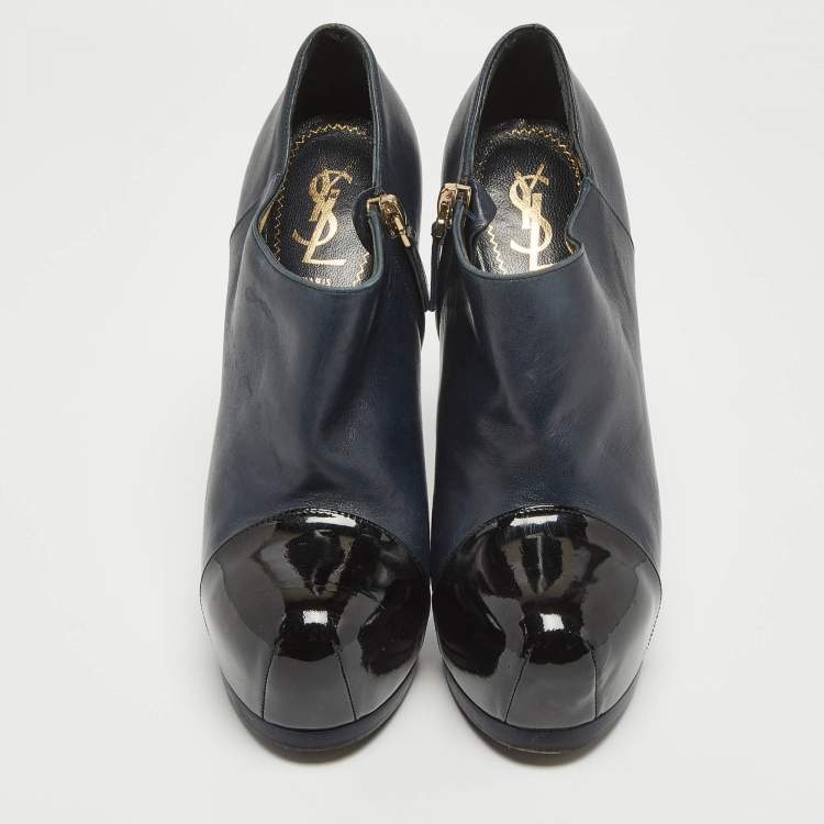 Pre Owned Yves Saint Laurent Navy Blue/Black Leather and Patent Leather Tribute Platform Ankle Booties Size 36