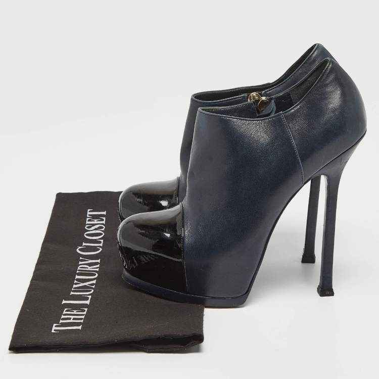 Pre Owned Yves Saint Laurent Navy Blue/Black Leather and Patent Leather Tribute Platform Ankle Booties Size 36