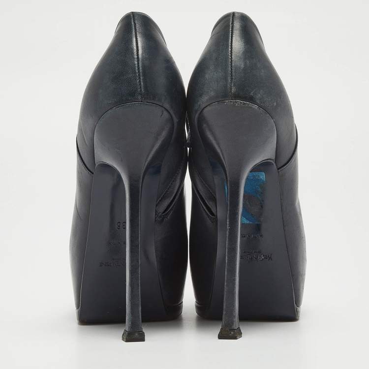 Pre Owned Yves Saint Laurent Navy Blue/Black Leather and Patent Leather Tribute Platform Ankle Booties Size 36