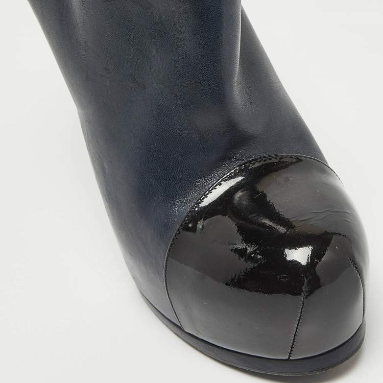 Pre Owned Yves Saint Laurent Navy Blue/Black Leather and Patent Leather Tribute Platform Ankle Booties Size 36