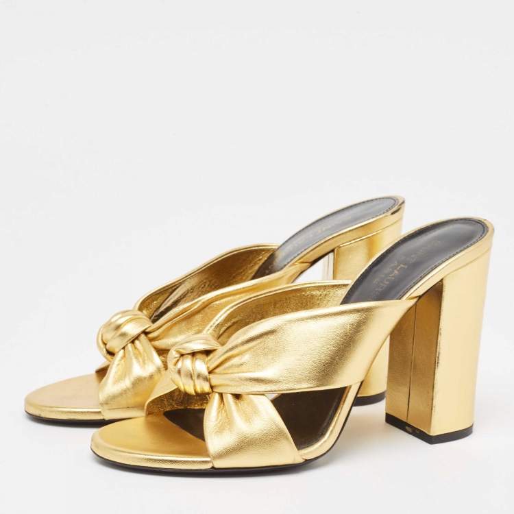 Pre Owned Saint Laurent Gold Leather Bianca Knotted Slide Sandals Size 37