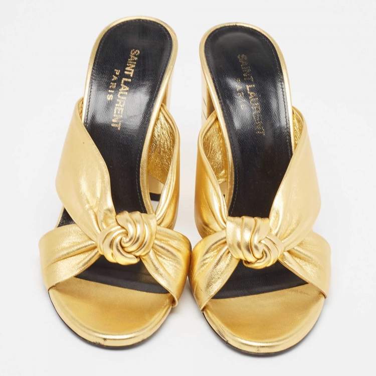 Pre Owned Saint Laurent Gold Leather Bianca Knotted Slide Sandals Size 37
