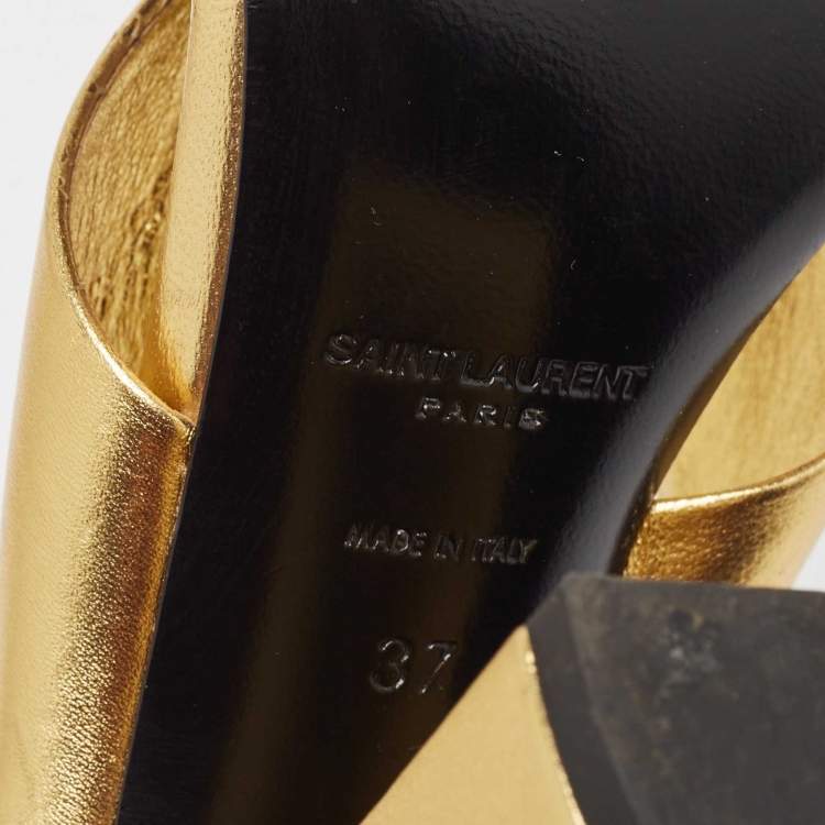 Pre Owned Saint Laurent Gold Leather Bianca Knotted Slide Sandals Size 37