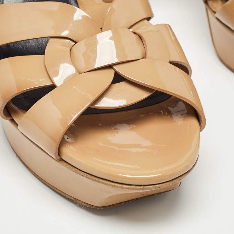 Pre Owned Saint Laurent Beige Patent Leather Tribute Platform Sandals Size 37.5