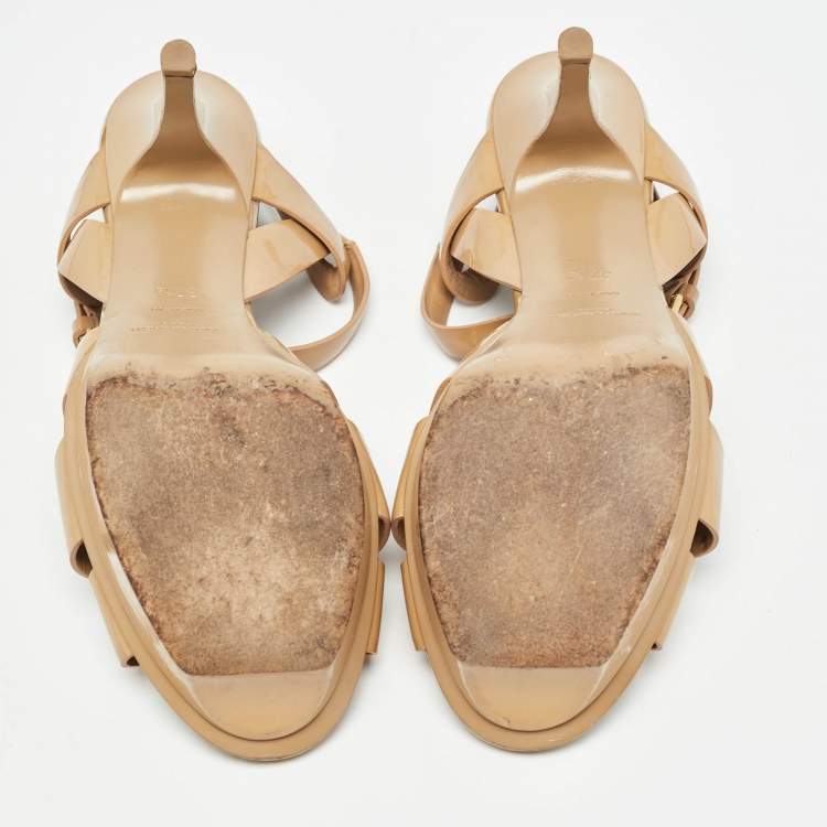 Pre Owned Saint Laurent Beige Patent Leather Tribute Platform Sandals Size 37.5