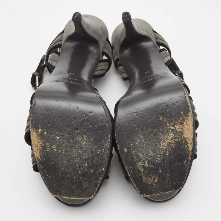 Pre Owned Saint Laurent Grey/Black Suede Tribute Sandals Size 39