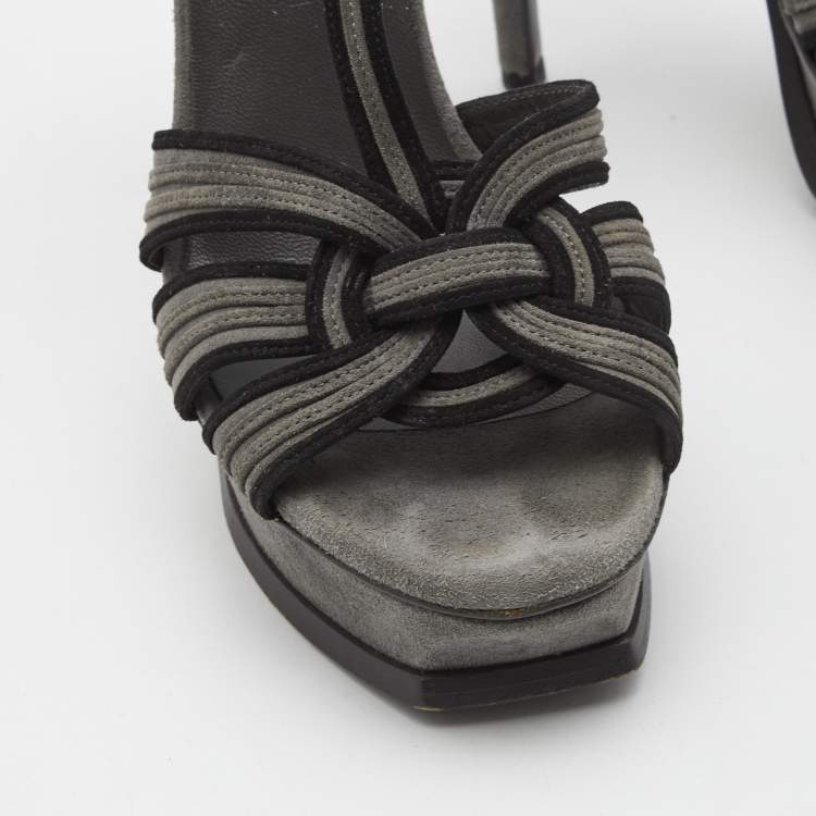 Pre Owned Saint Laurent Grey/Black Suede Tribute Sandals Size 39