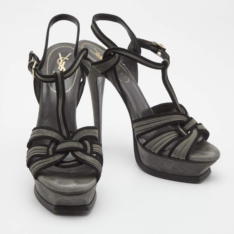 Pre Owned Saint Laurent Grey/Black Suede Tribute Sandals Size 39