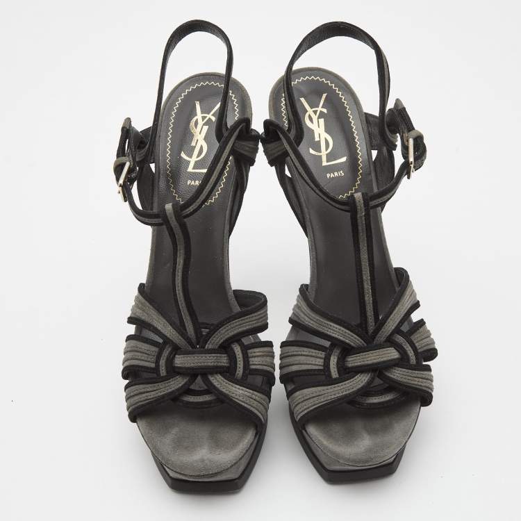 Pre Owned Saint Laurent Grey/Black Suede Tribute Sandals Size 39