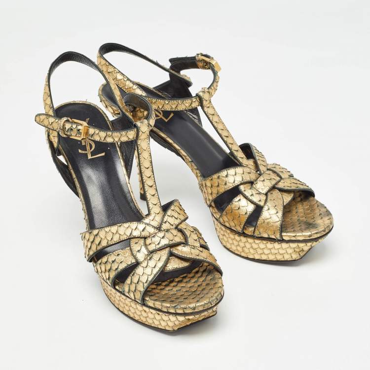 Pre Owned Saint Laurent Metallic Gold Python Embossed Leather Tribute Sandals Size 40