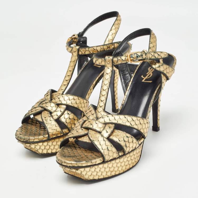 Pre Owned Saint Laurent Metallic Gold Python Embossed Leather Tribute Sandals Size 40