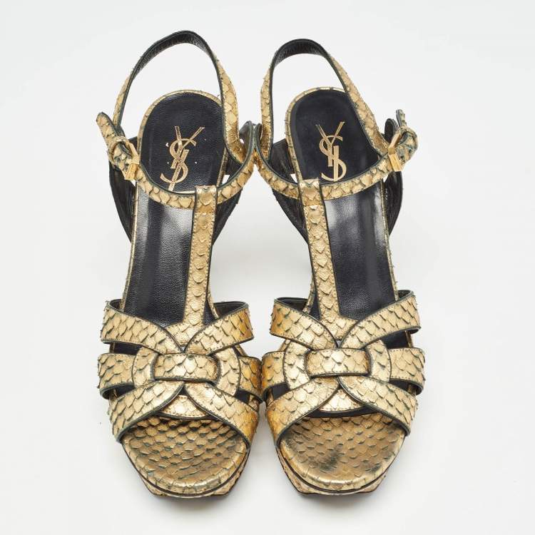 Pre Owned Saint Laurent Metallic Gold Python Embossed Leather Tribute Sandals Size 40